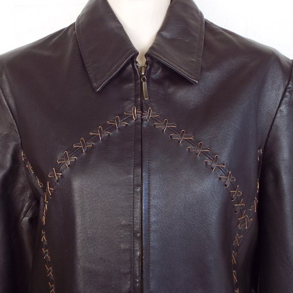 MONTANACO Large Chocolate brown zip front x laced lined leather jacket - Picture 3 of 4